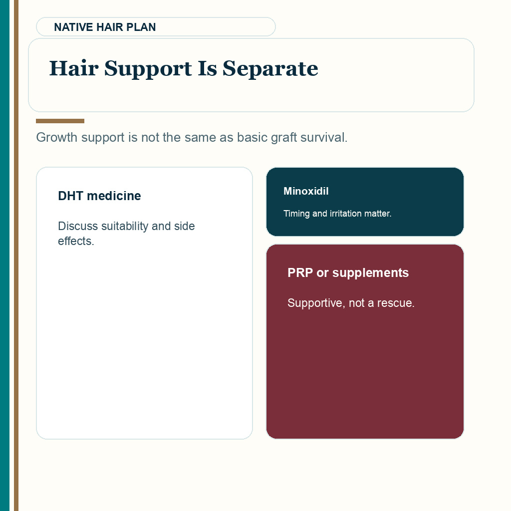 Medication safety slide 9 explaining finasteride dutasteride minoxidil PRP and supplements support native hair decisions separately