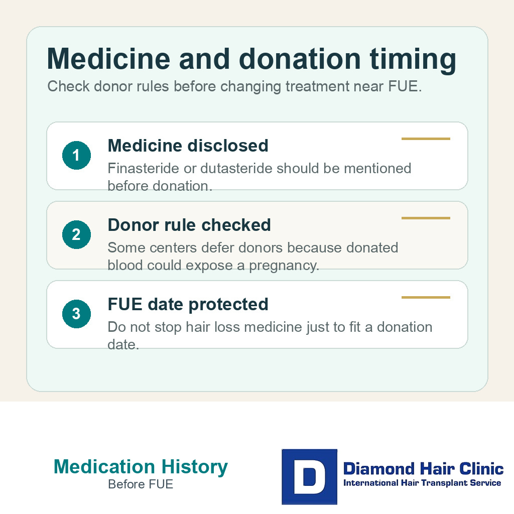 Information card explaining medication disclosure, donor rule checking, and FUE date protection before surgery