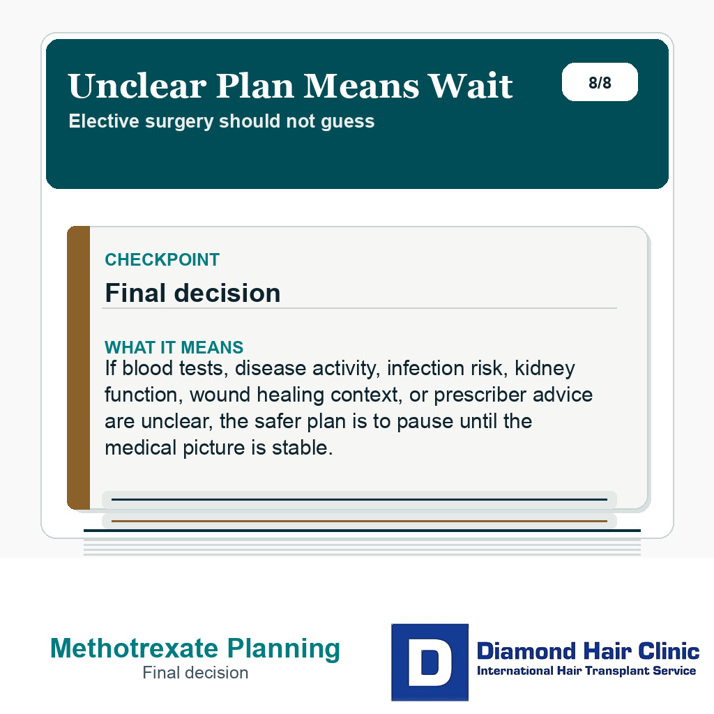 Methotrexate hair transplant planning slide explaining that unclear medical planning should pause elective FUE