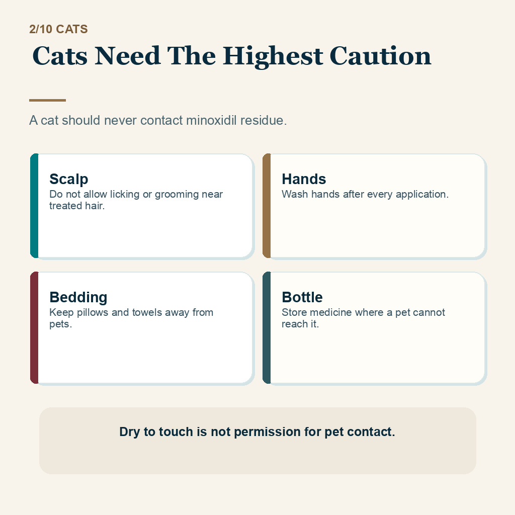 Minoxidil pet safety carousel slide 2 explaining cats need strict caution