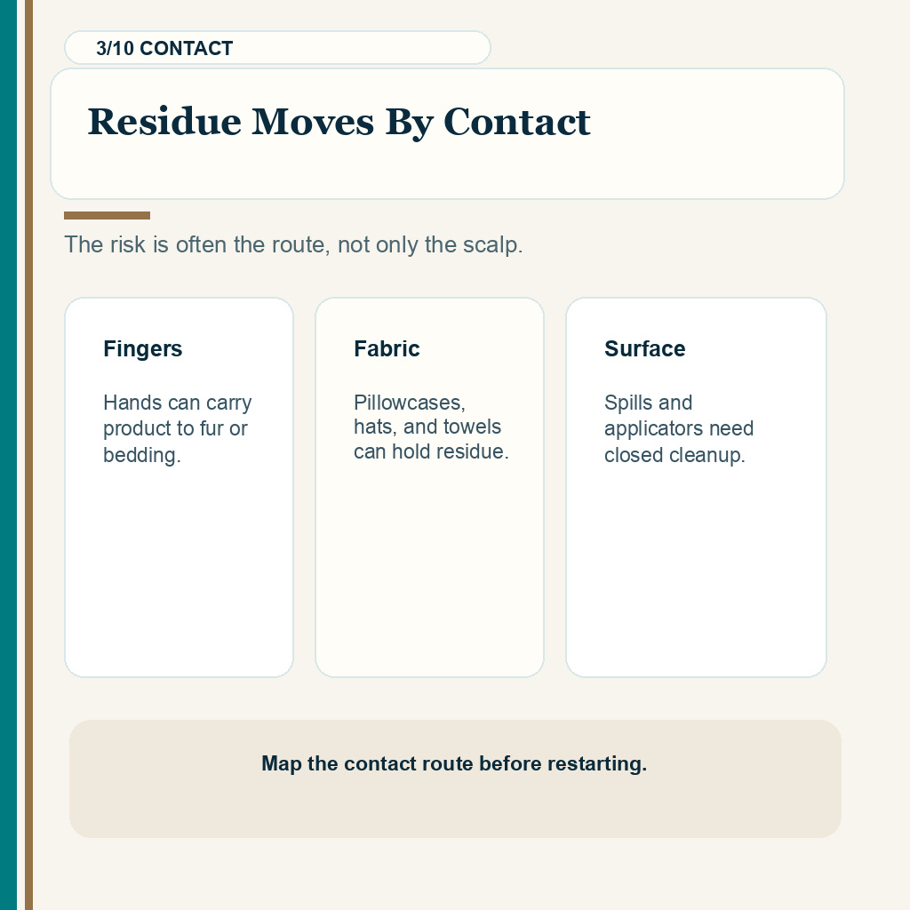 Minoxidil pet safety carousel slide 3 explaining contact points travel