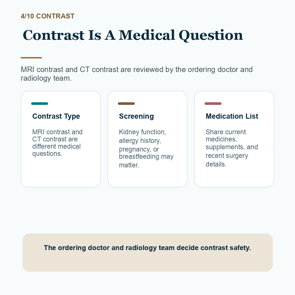 MRI and CT recovery carousel slide 4 about contrast and sedation planning