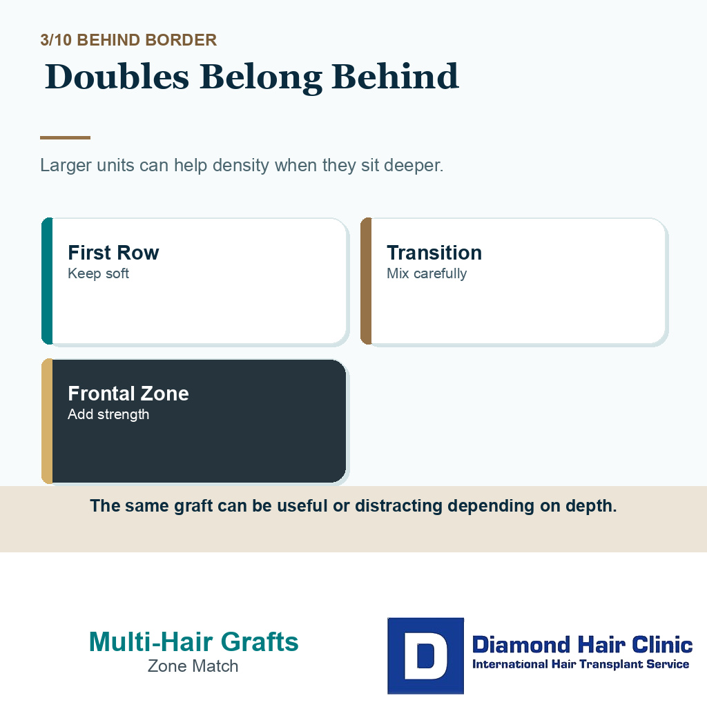 Multi hair graft hairline carousel slide 3 explaining doubles belong behind