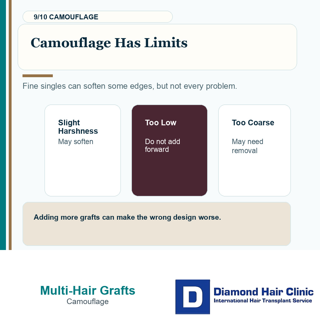 Multi hair graft hairline carousel slide 9 explaining camouflage has limits