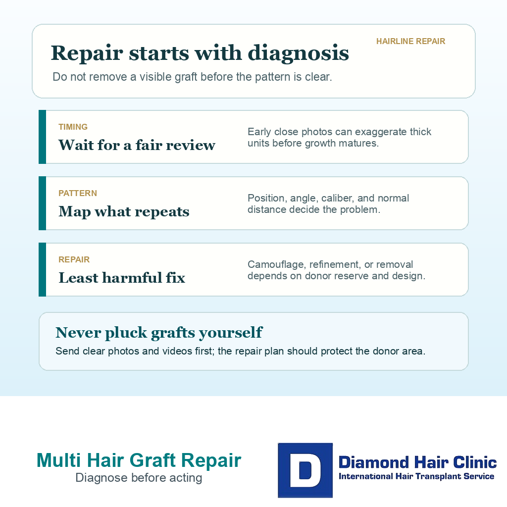 Support card explaining that visible multi hair grafts in the hairline should be diagnosed by timing, pattern, and donor reserve before repair.