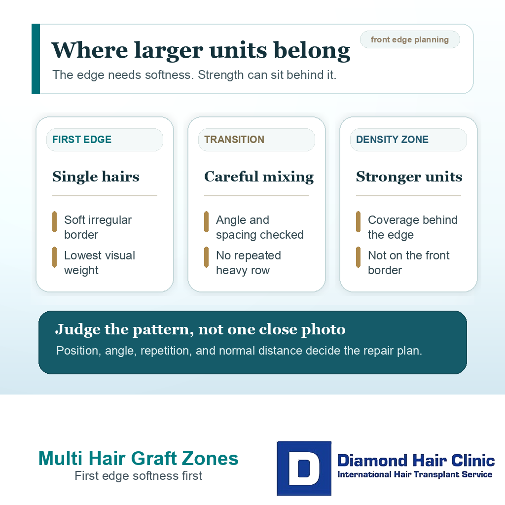 Information card explaining where single hair grafts and stronger follicular units belong in front edge planning