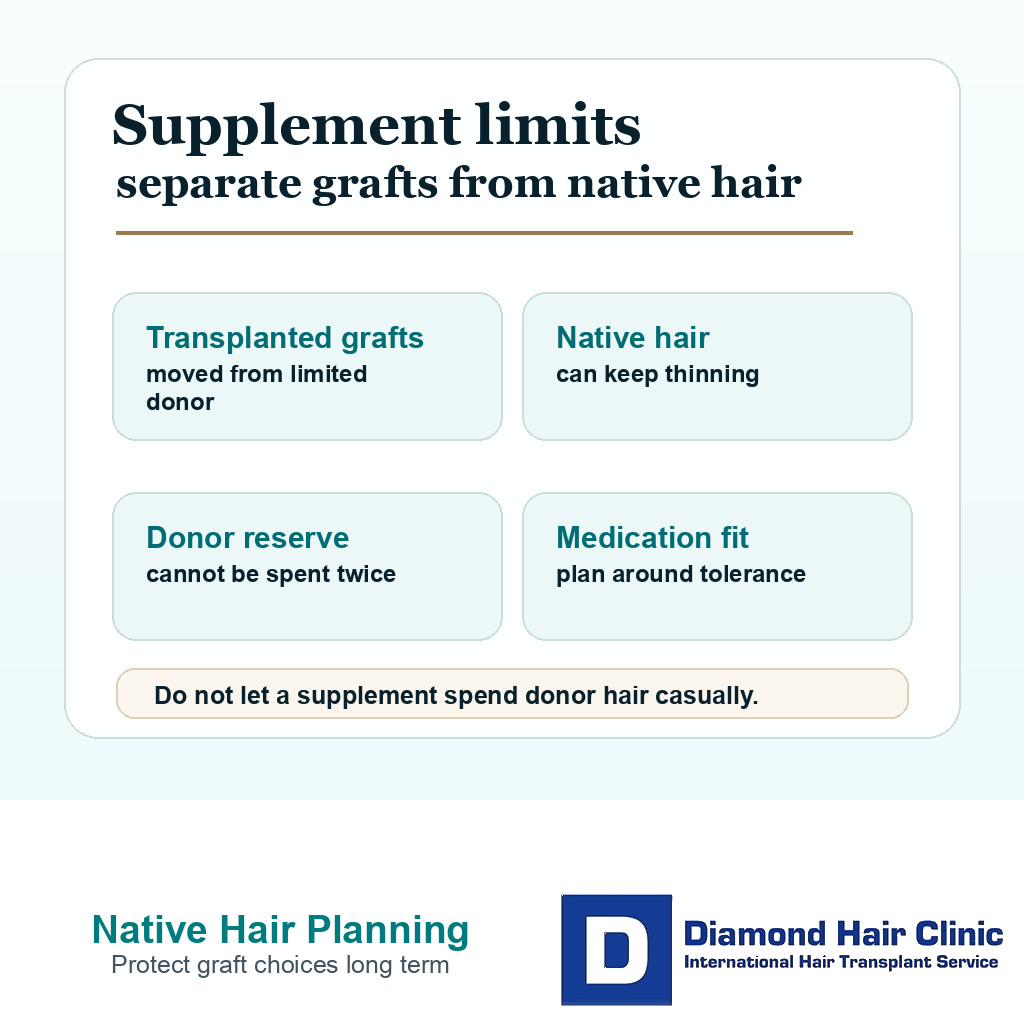 Information card separating transplanted grafts, native hair, donor reserve, and medication tolerance around saw palmetto use.