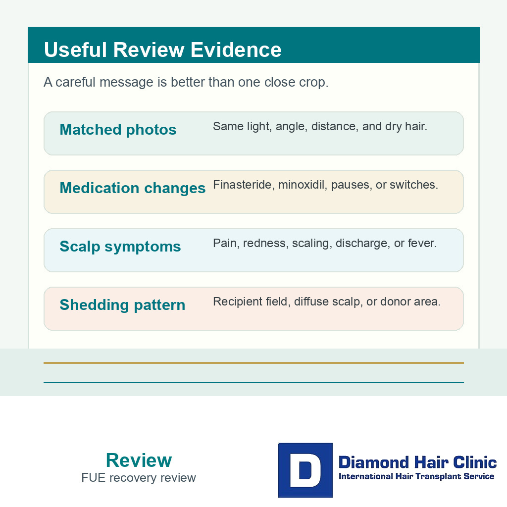 Review card listing photos medications scalp symptoms and timeline for native hair shock loss after FUE