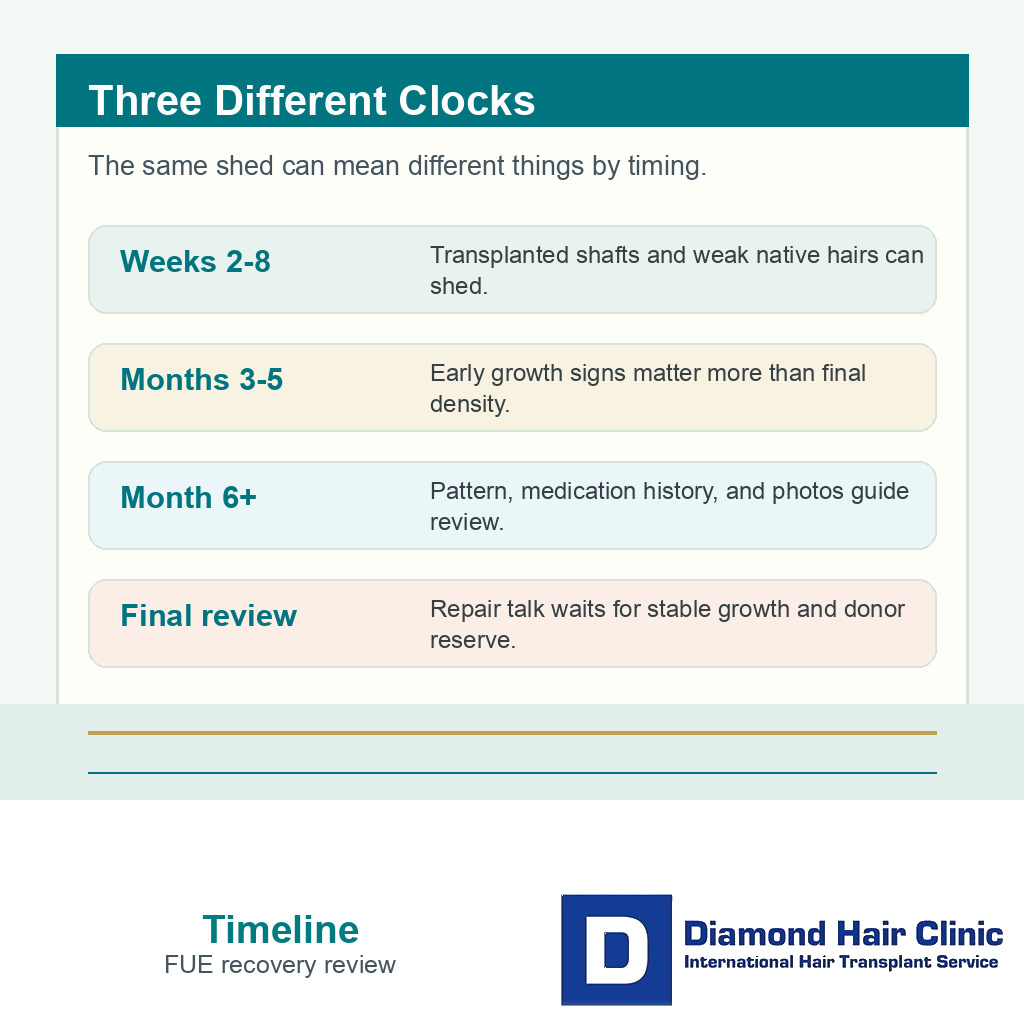 Timeline card showing transplanted shedding native shock loss and later growth review after FUE