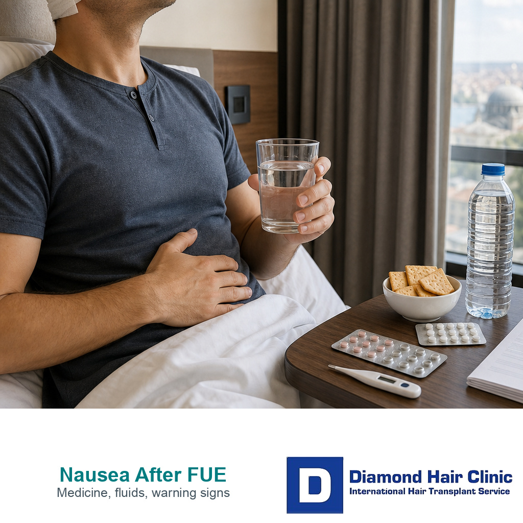 Post FUE patient with water medicine papers thermometer and crackers during nausea recovery
