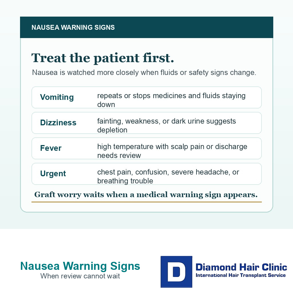 Nausea warning signs card showing vomiting dizziness fever and urgent symptoms after FUE