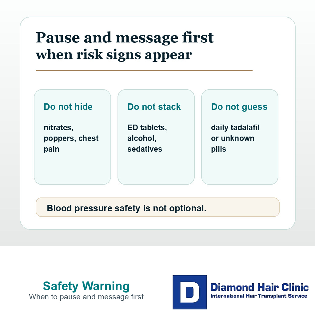 Information card warning patients to pause and message first if ED tablets overlap with nitrates, alcohol, sedatives, or unknown pills.