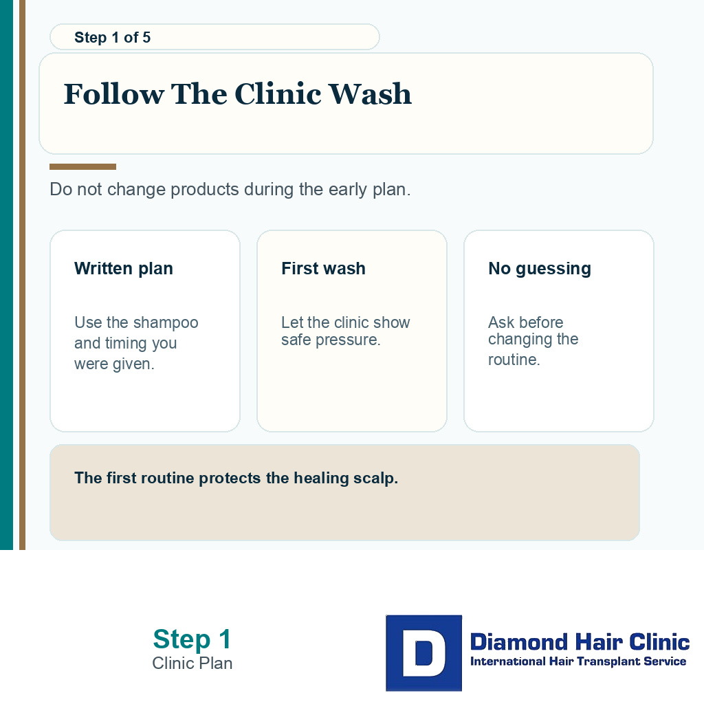 Carousel slide showing clinic wash plan before normal shampoo after FUE