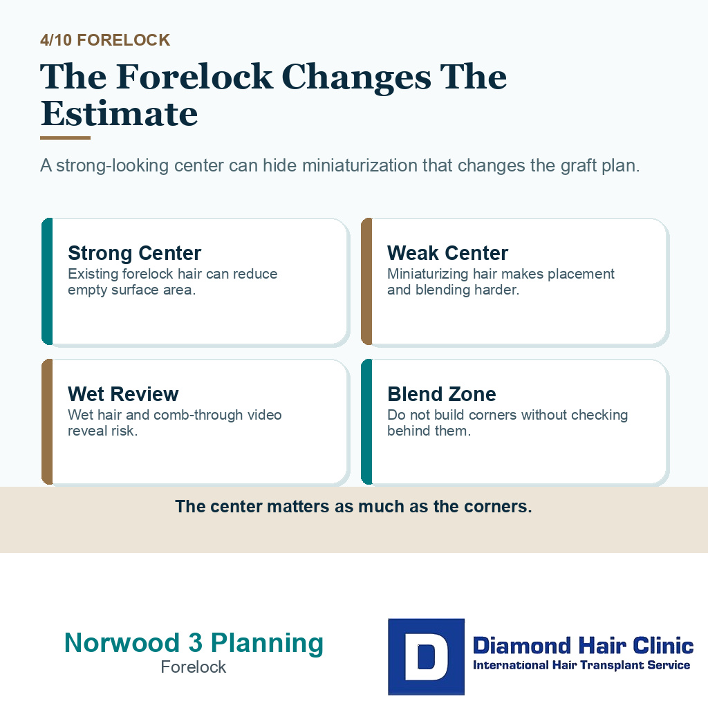 Norwood 3 hair transplant planning carousel slide 4 explaining the forelock changes the estimate