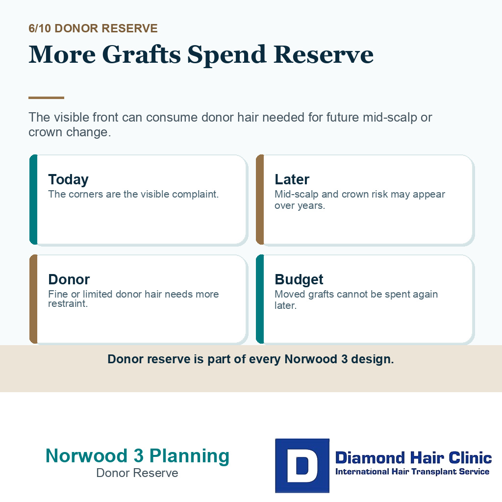 Norwood 3 hair transplant planning carousel slide 6 explaining more grafts spend reserve