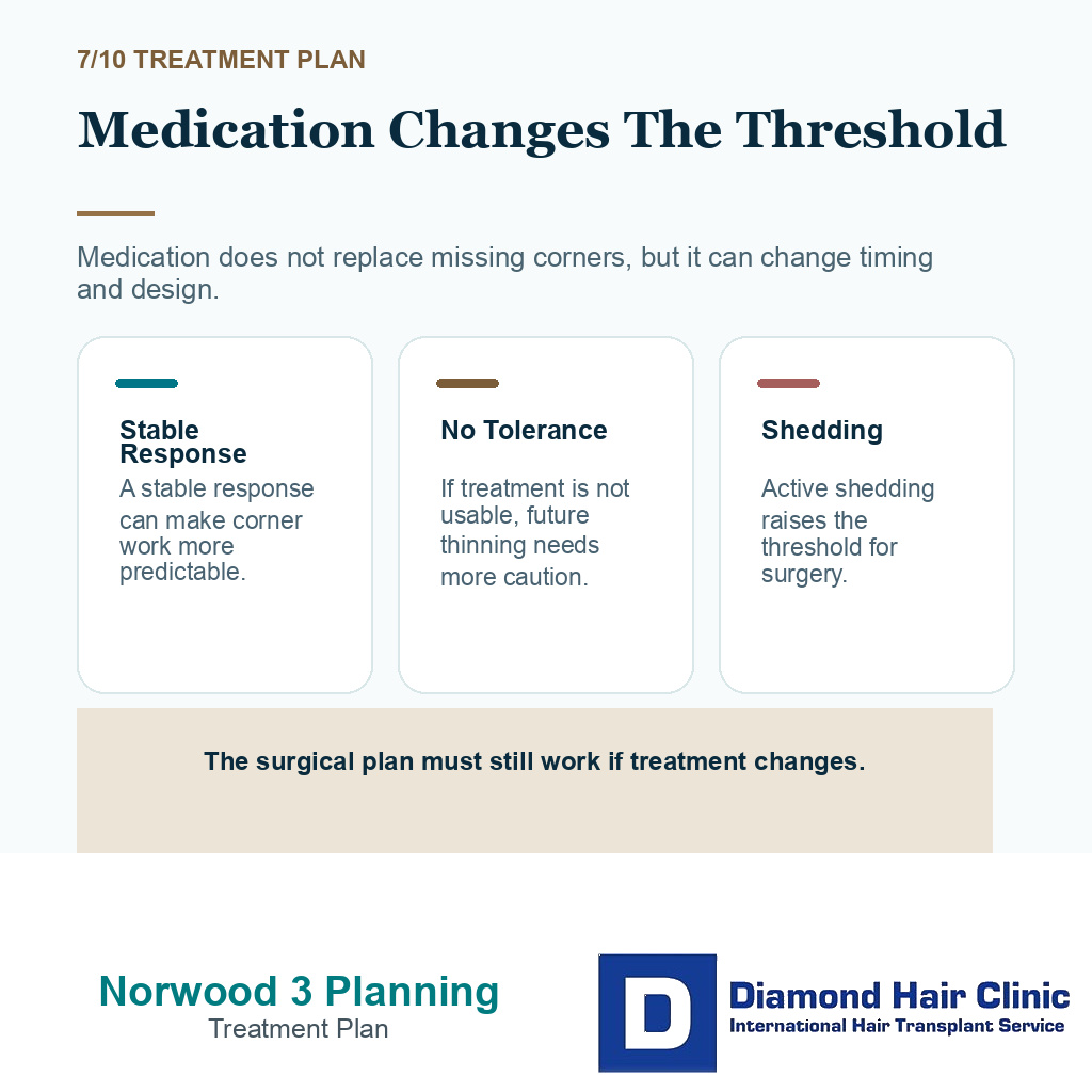 Norwood 3 hair transplant planning carousel slide 7 explaining medication changes the threshold