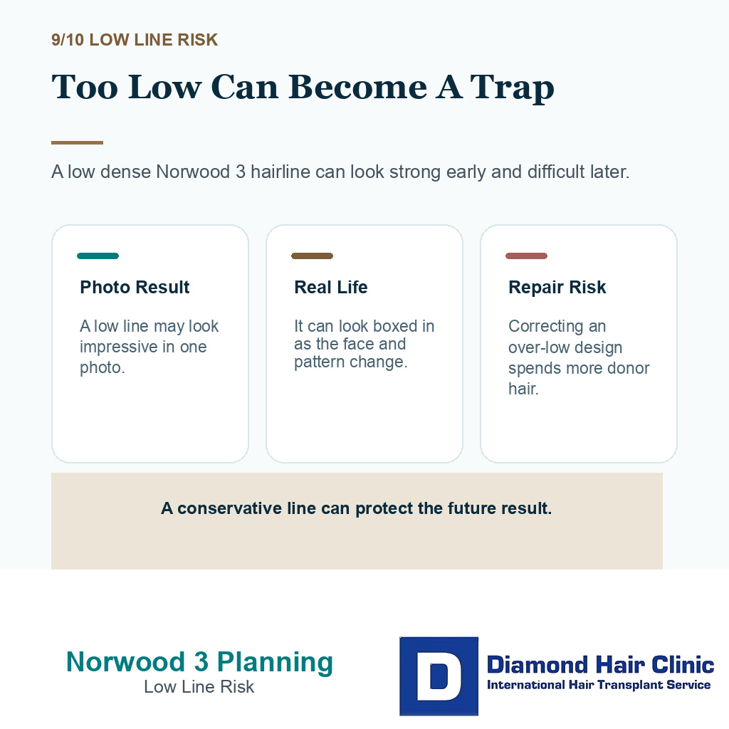 Norwood 3 hair transplant planning carousel slide 9 explaining too low can become a trap
