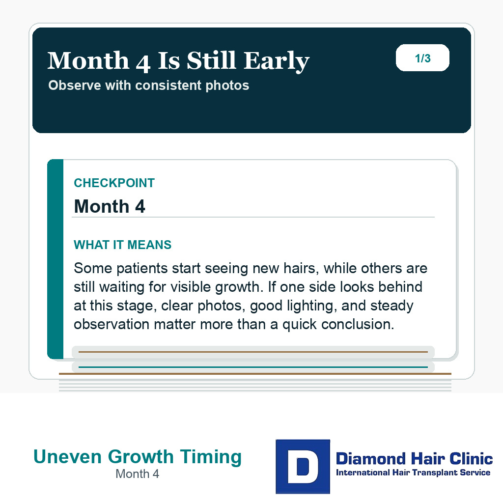 Uneven hair transplant growth timing slide explaining that month 4 is still early