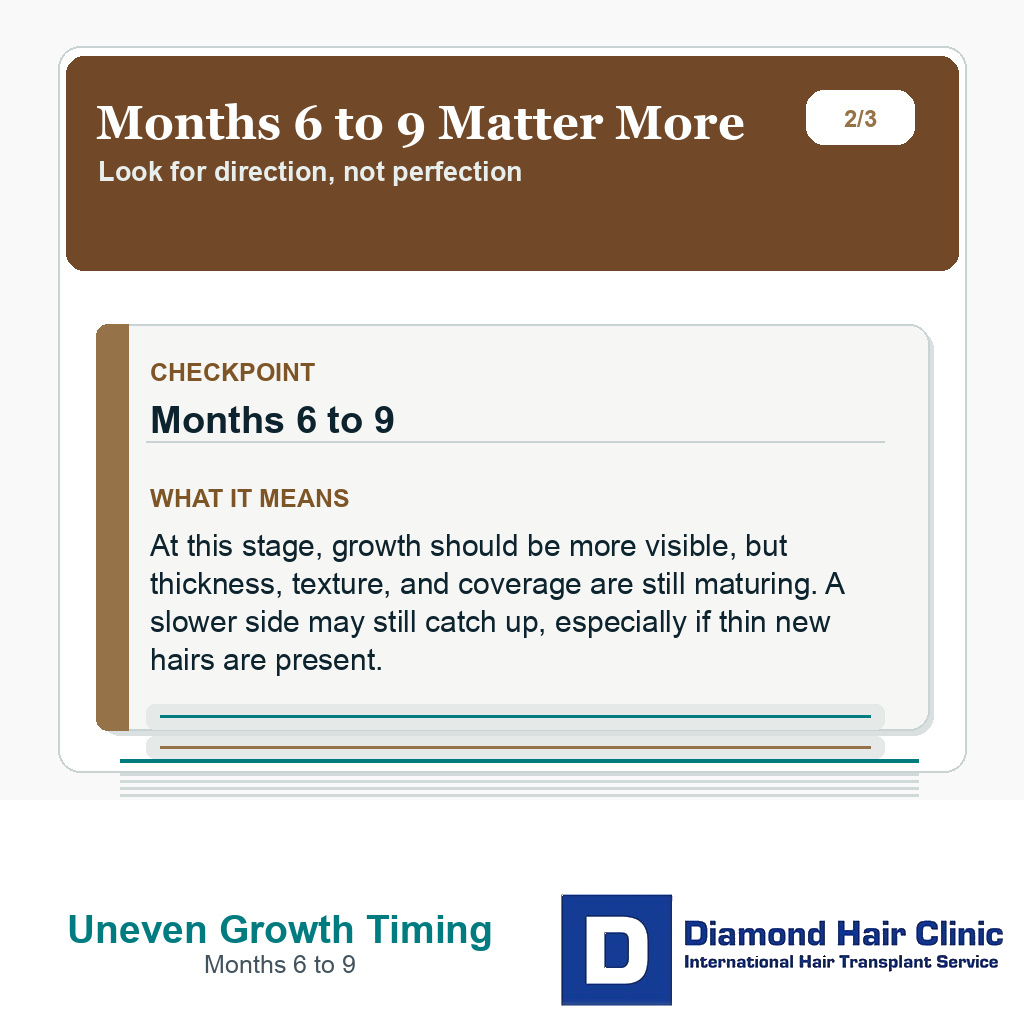 Uneven hair transplant growth timing slide explaining why months 6 to 9 are more meaningful