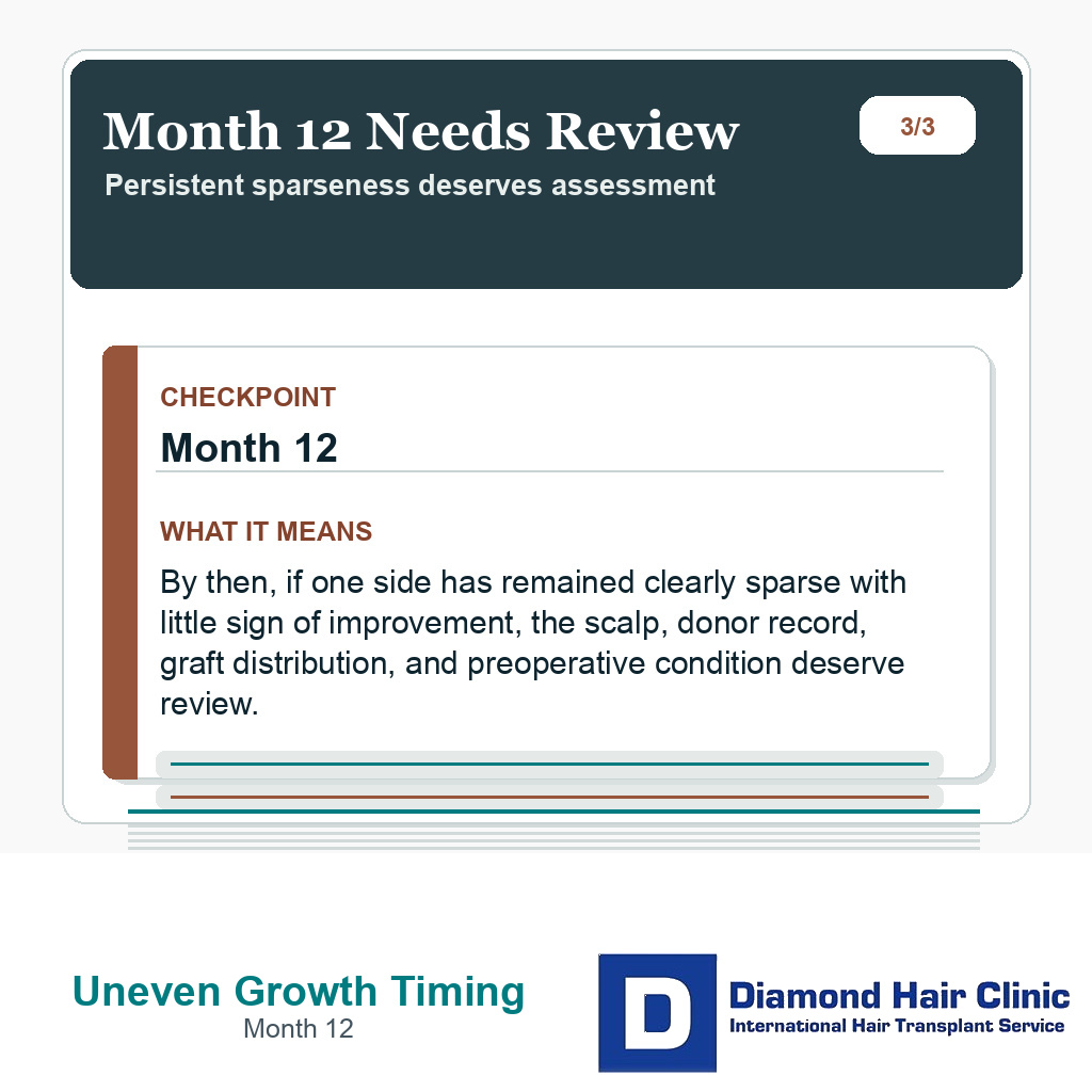 Uneven hair transplant growth timing slide explaining that month 12 deserves review if one side stays sparse
