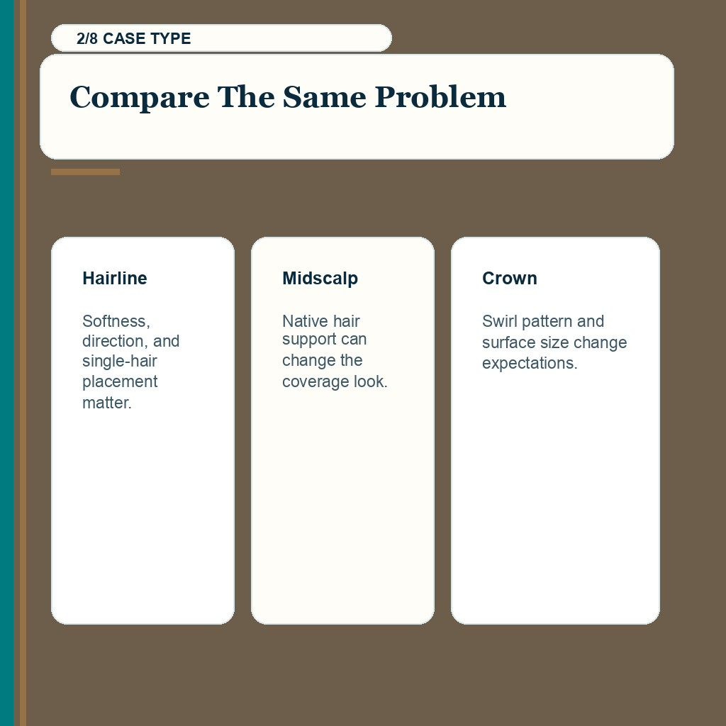 Online hair transplant photo proof carousel slide 2 explaining why the treated problem must match