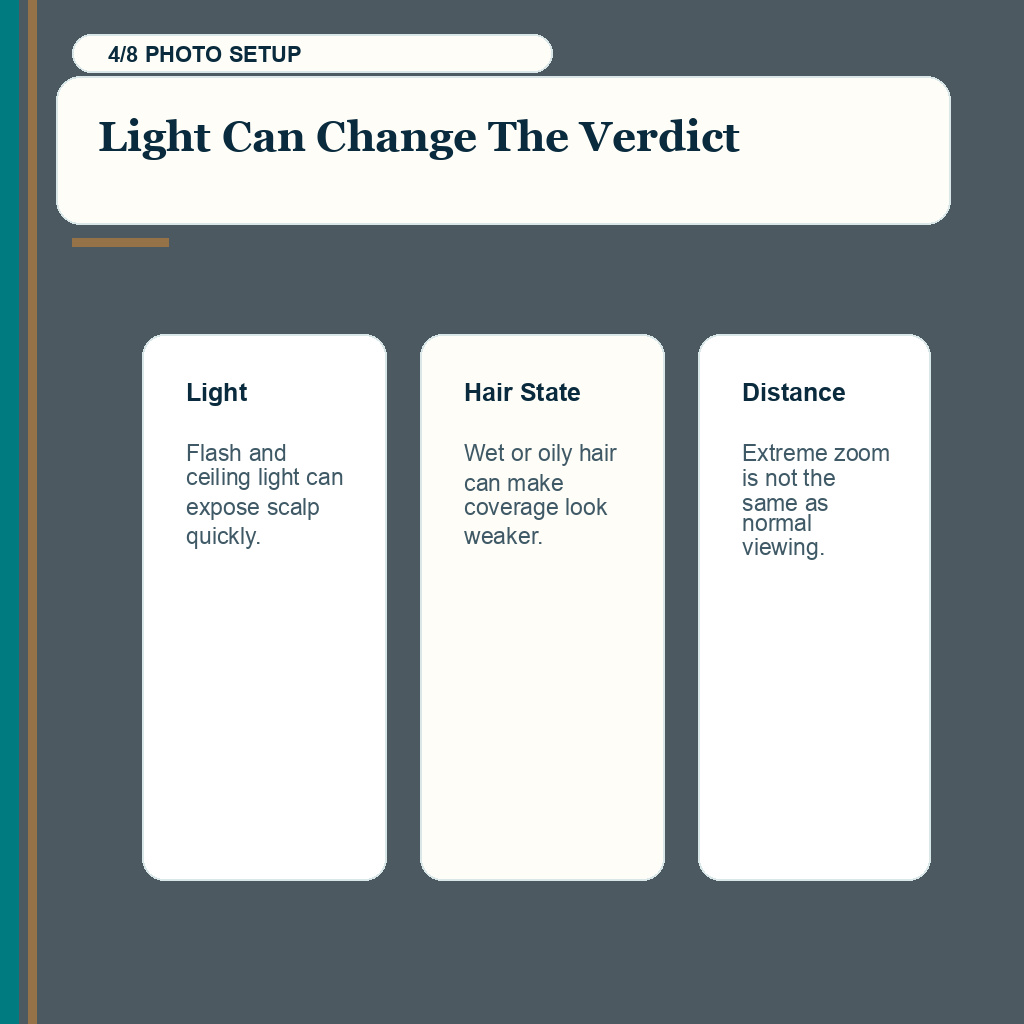 Online hair transplant photo proof carousel slide 4 explaining how light, wet hair, and angle can mislead