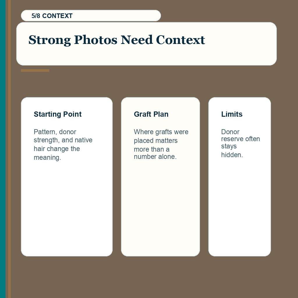 Online hair transplant photo proof carousel slide 5 explaining hidden context behind online photos