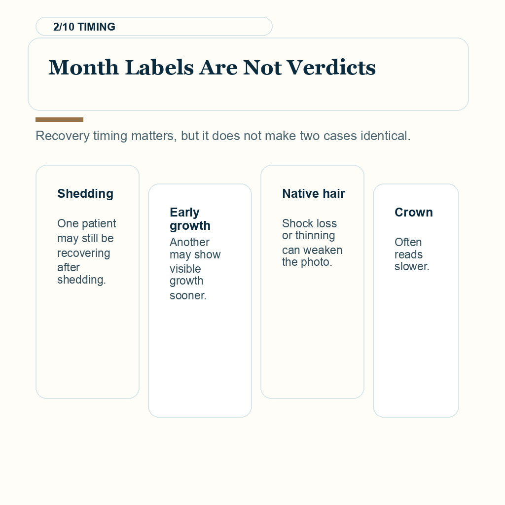 Online hair transplant photo review slide 2 explaining same month is not same result