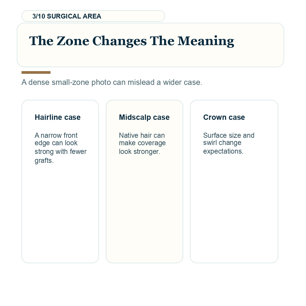 Online hair transplant photo review slide 3 explaining match the treated zone