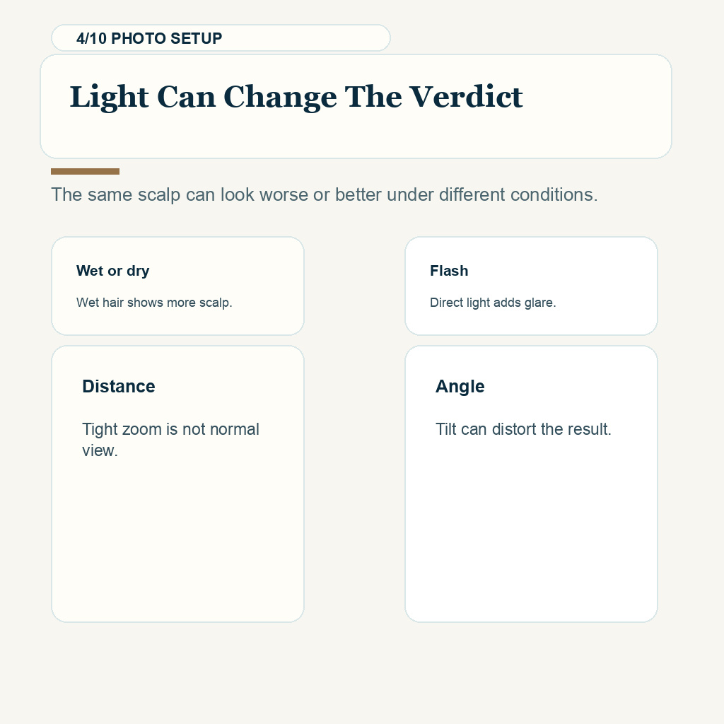 Online hair transplant photo review slide 4 explaining photo setup can mislead