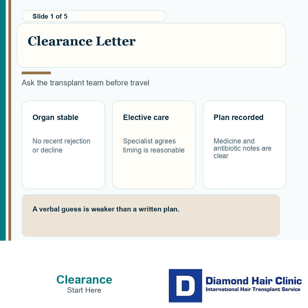 Carousel slide showing written transplant team clearance before hair transplant