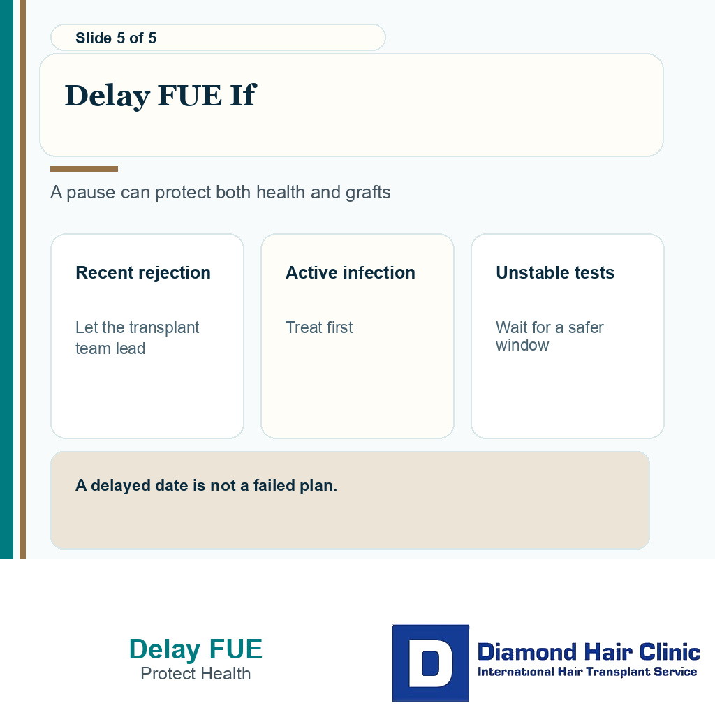Carousel slide showing recent rejection active infection and unstable tests as delay triggers before FUE