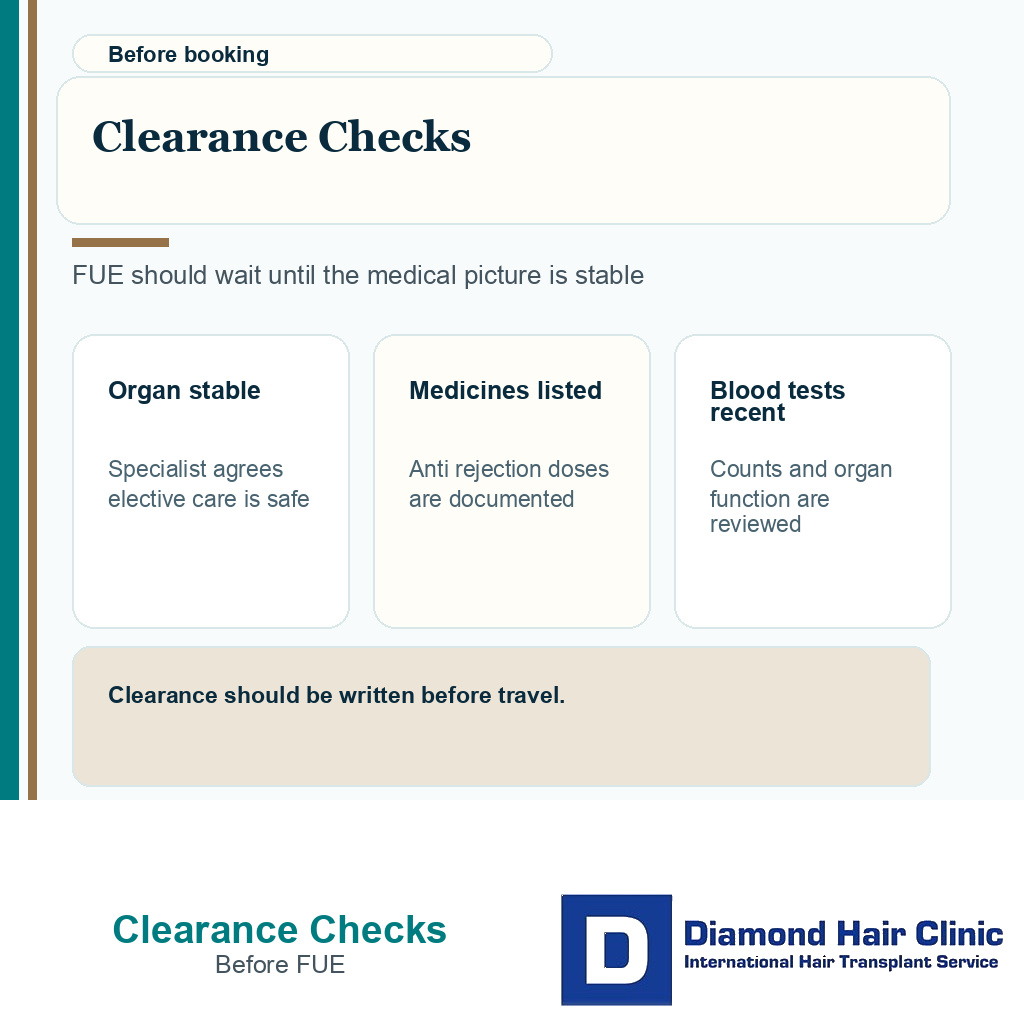 Information card showing organ transplant clearance checks before hair transplant