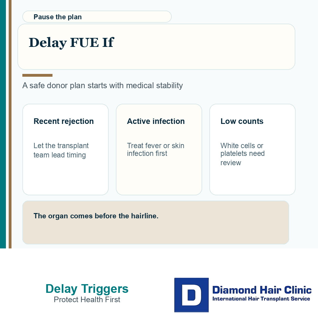 Information card showing delay triggers for organ transplant patients before hair transplant