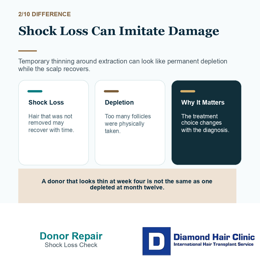 Overharvested donor area repair carousel slide 2 explaining shock loss versus donor damage