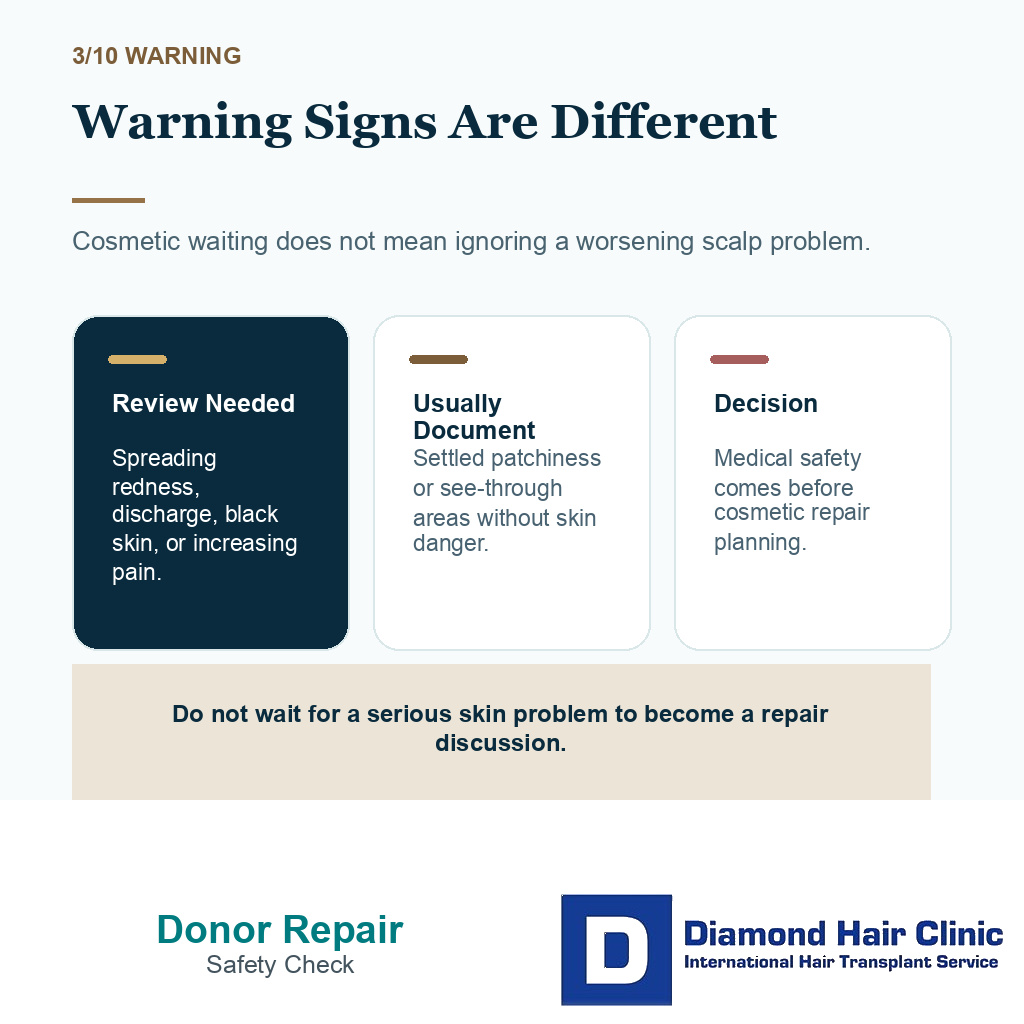 Overharvested donor area repair carousel slide 3 explaining urgent donor warning signs