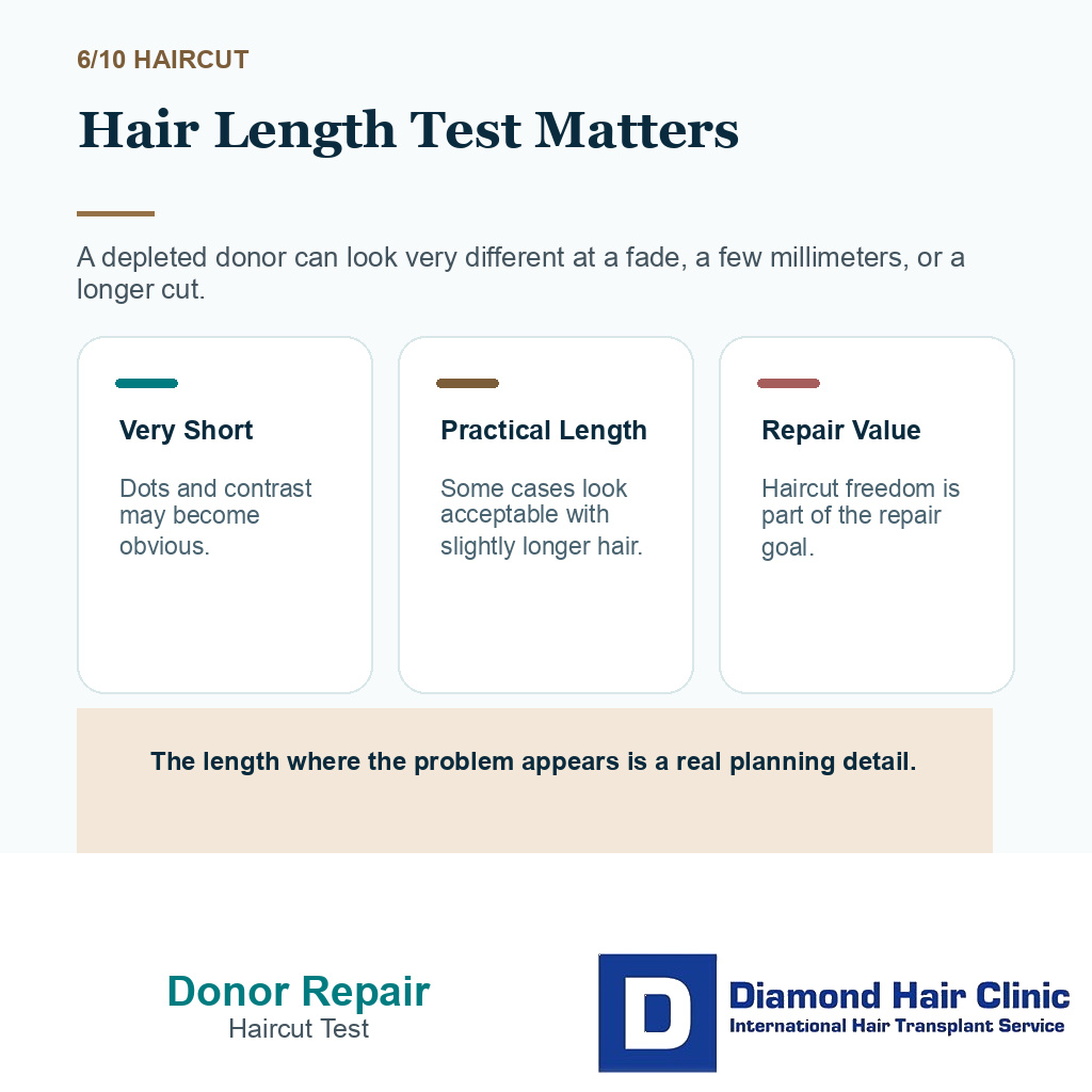 Overharvested donor area repair carousel slide 6 explaining the donor hair length test