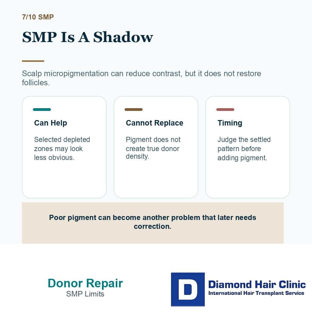 Overharvested donor area repair carousel slide 7 explaining SMP as a shadow effect