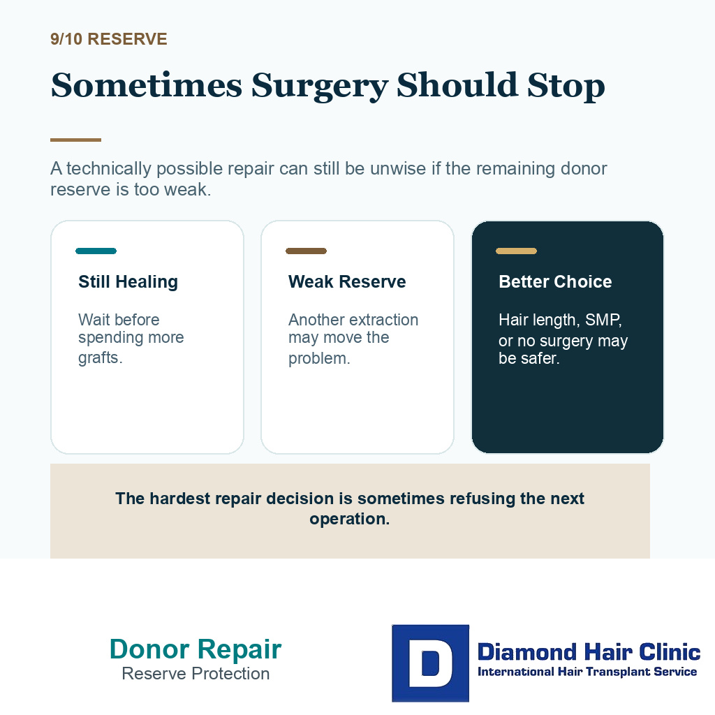 Overharvested donor area repair carousel slide 9 explaining when further surgery should stop
