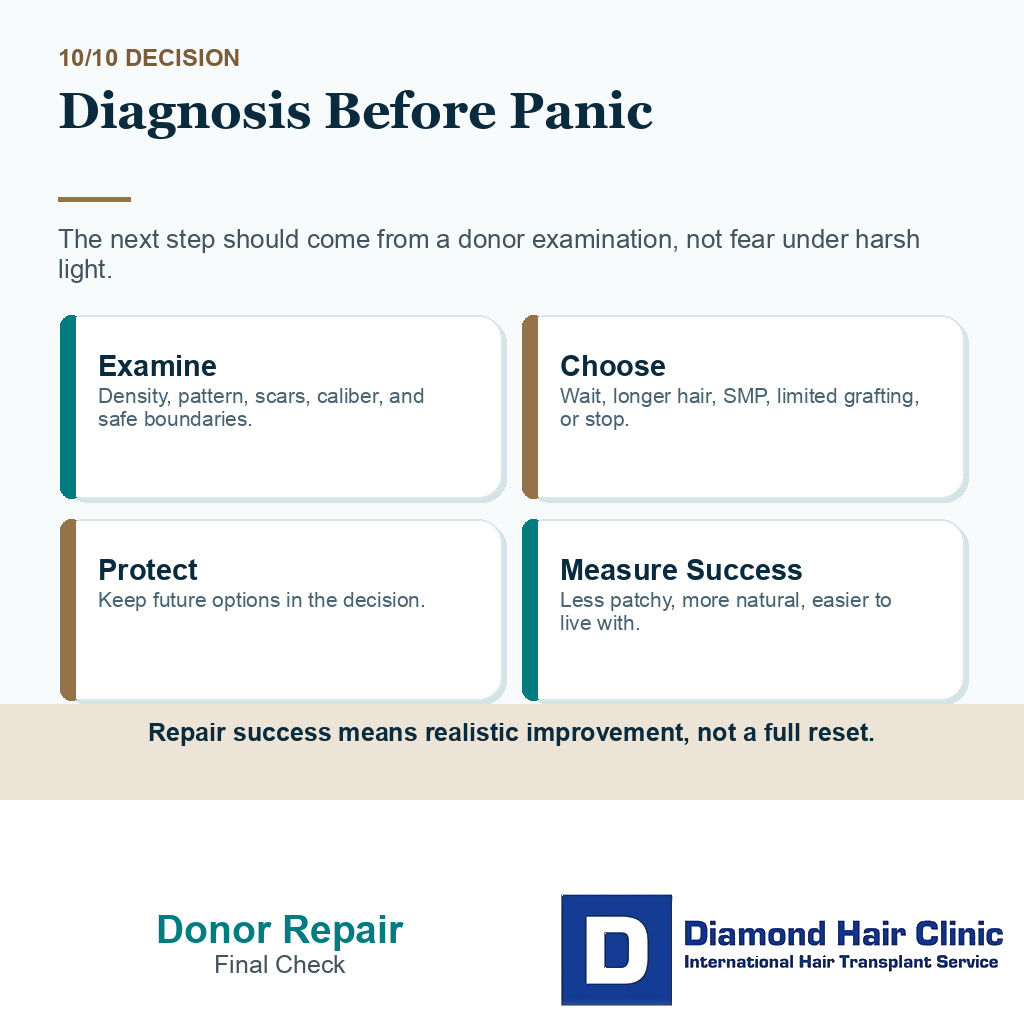 Overharvested donor area repair carousel slide 10 explaining diagnosis before panic