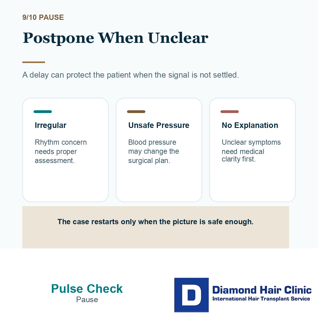 Heart racing carousel slide 9 explaining postponement when the medical picture is unclear