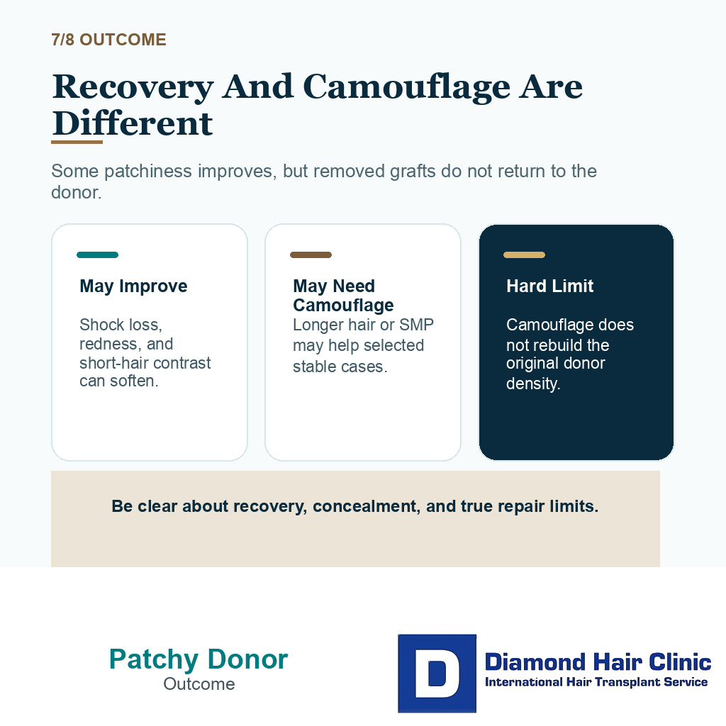 Patchy donor area carousel slide 7 explaining recovery and camouflage are different