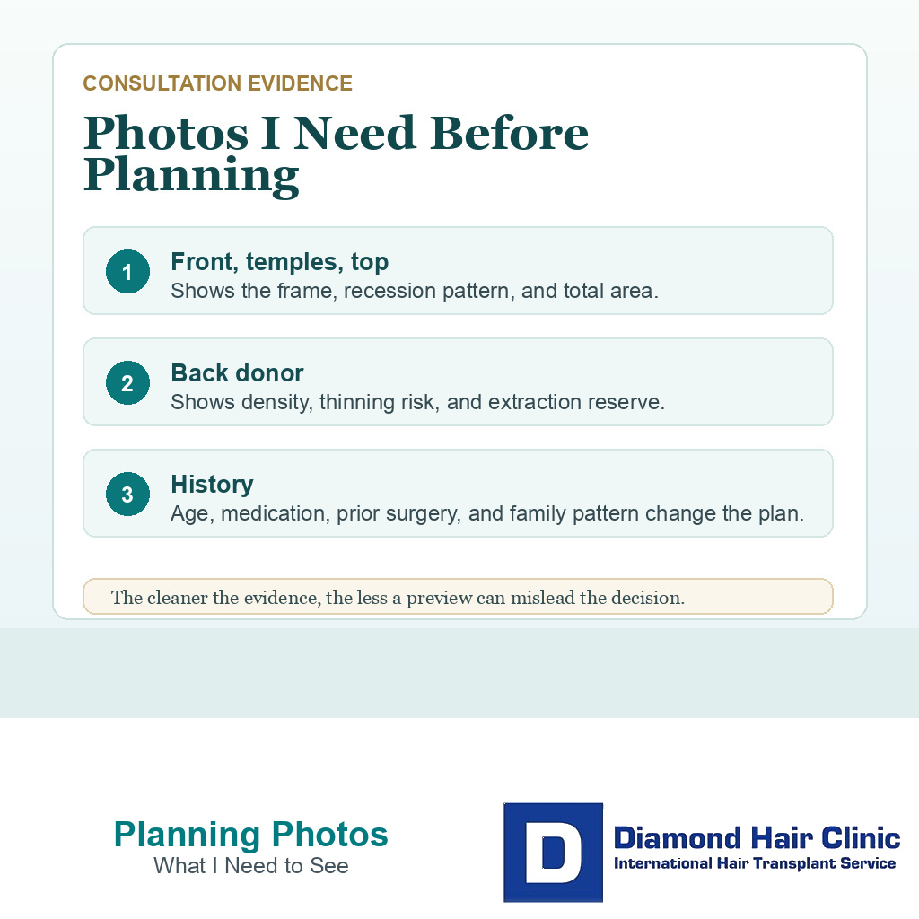 Standardized photos needed before trusting an AI hair transplant simulation