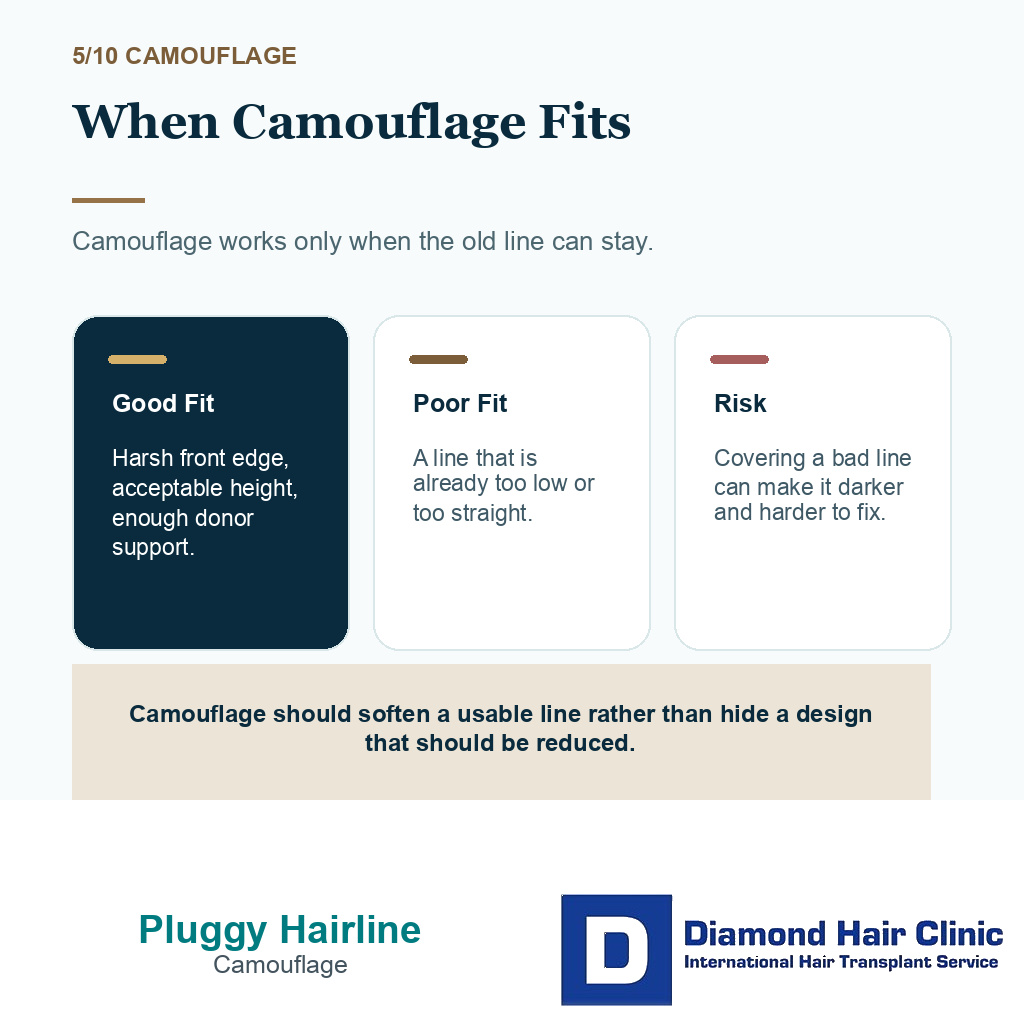 Pluggy hairline repair carousel slide 5 explaining when camouflage fits