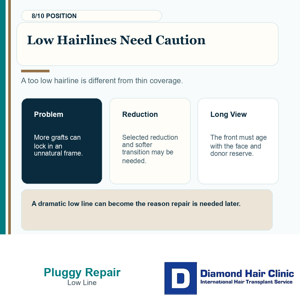 Pluggy hairline repair carousel slide 8 explaining low hairlines need caution