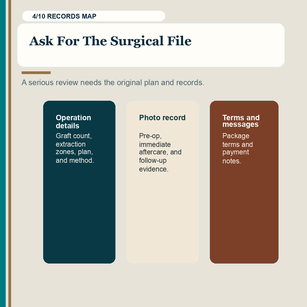 Poor hair transplant result review slide 4 of 10, ask for the surgical file