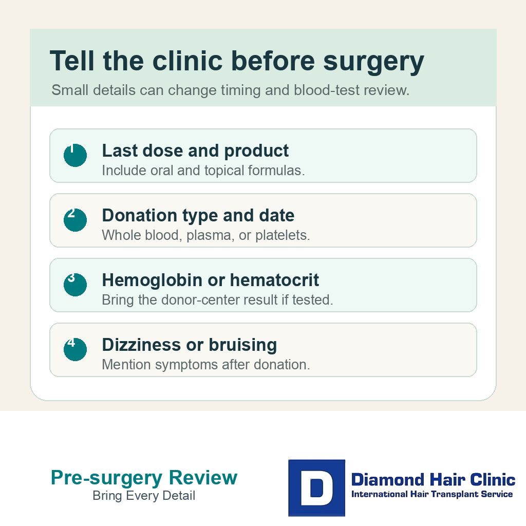 Information card listing medication, donation type, blood result, and symptoms to report before FUE