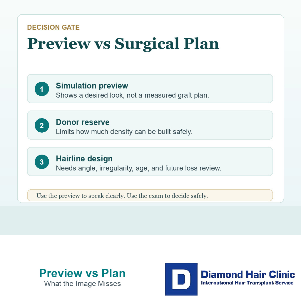 AI hair transplant preview compared with surgical planning factors