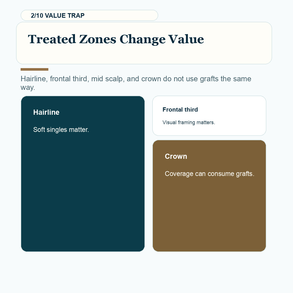 Price per graft hair transplant slide 2 explaining how treated zones change value