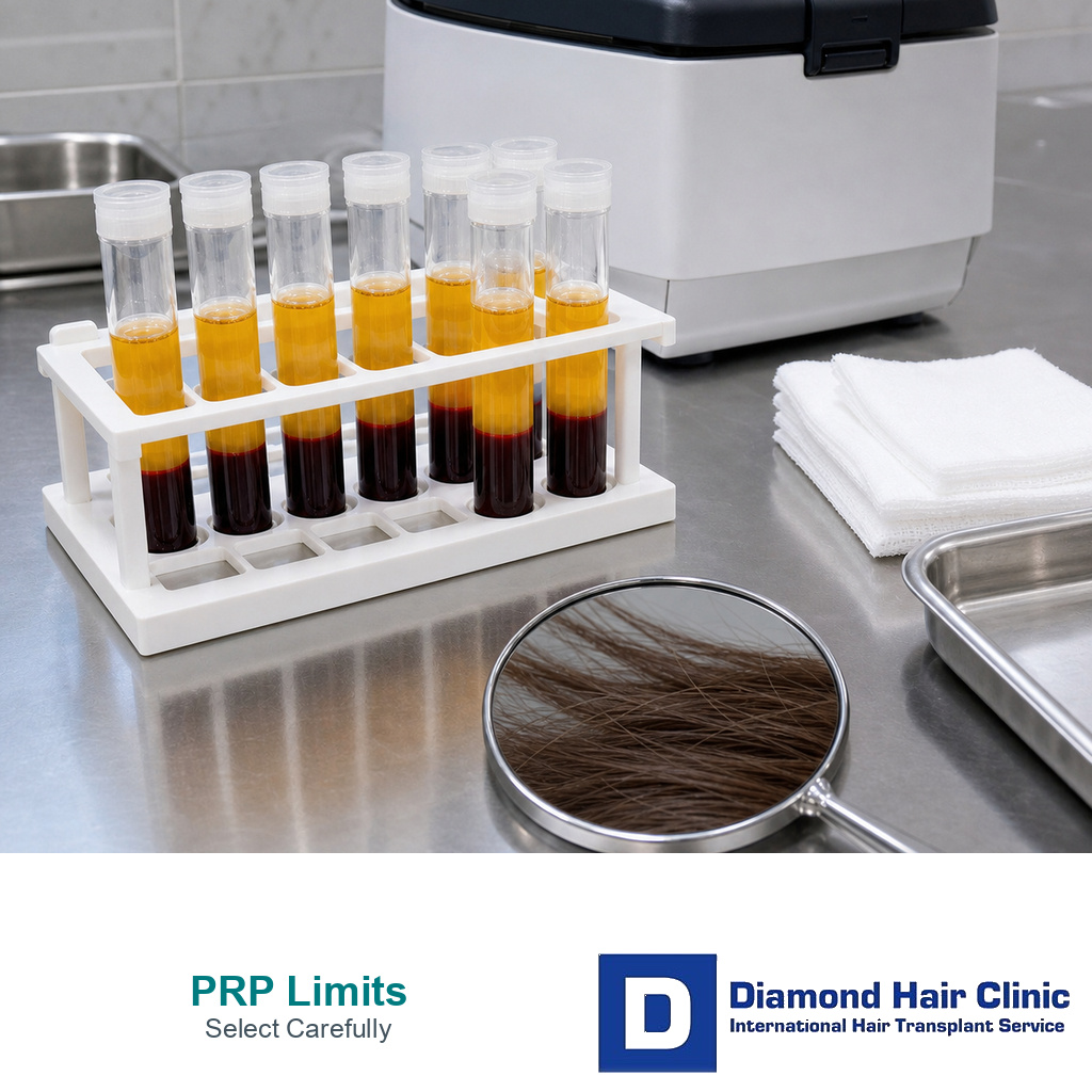 PRP preparation tubes and hair texture mirror for careful hair loss candidate selection